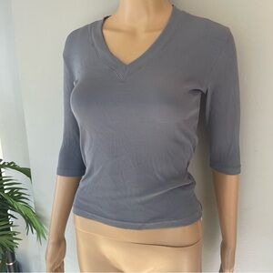 Ribbed V-Neck 3/4 Sleeve Top - Dusty Blue
